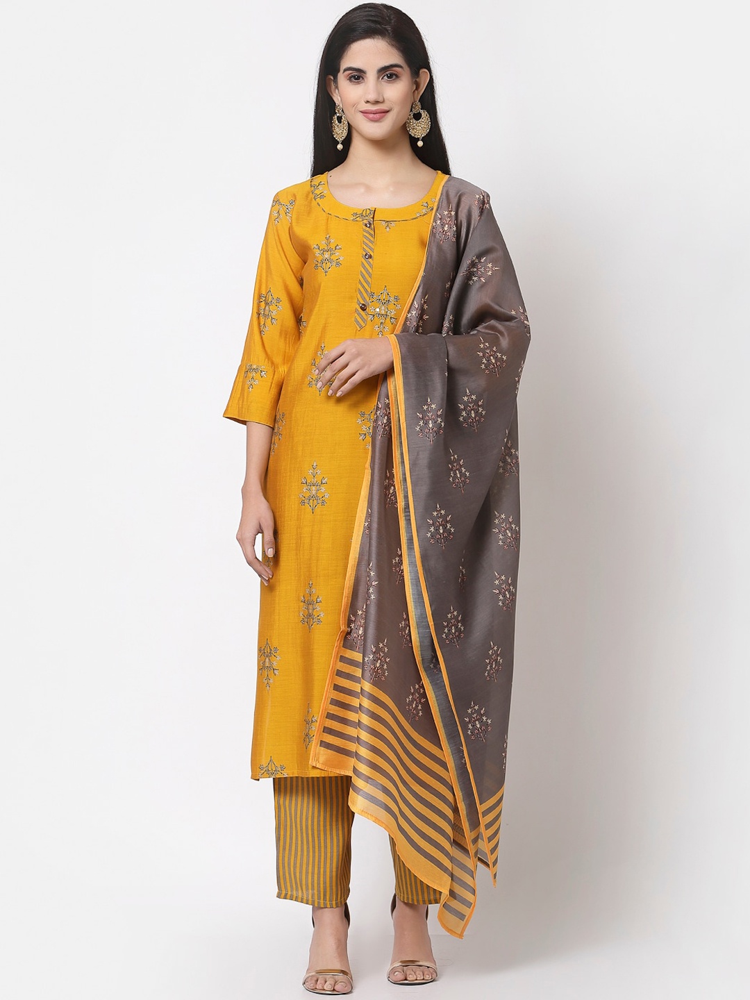 

Myshka Women Mustard Yellow & Grey Floral Printed Kurta with Trousers & Dupatta