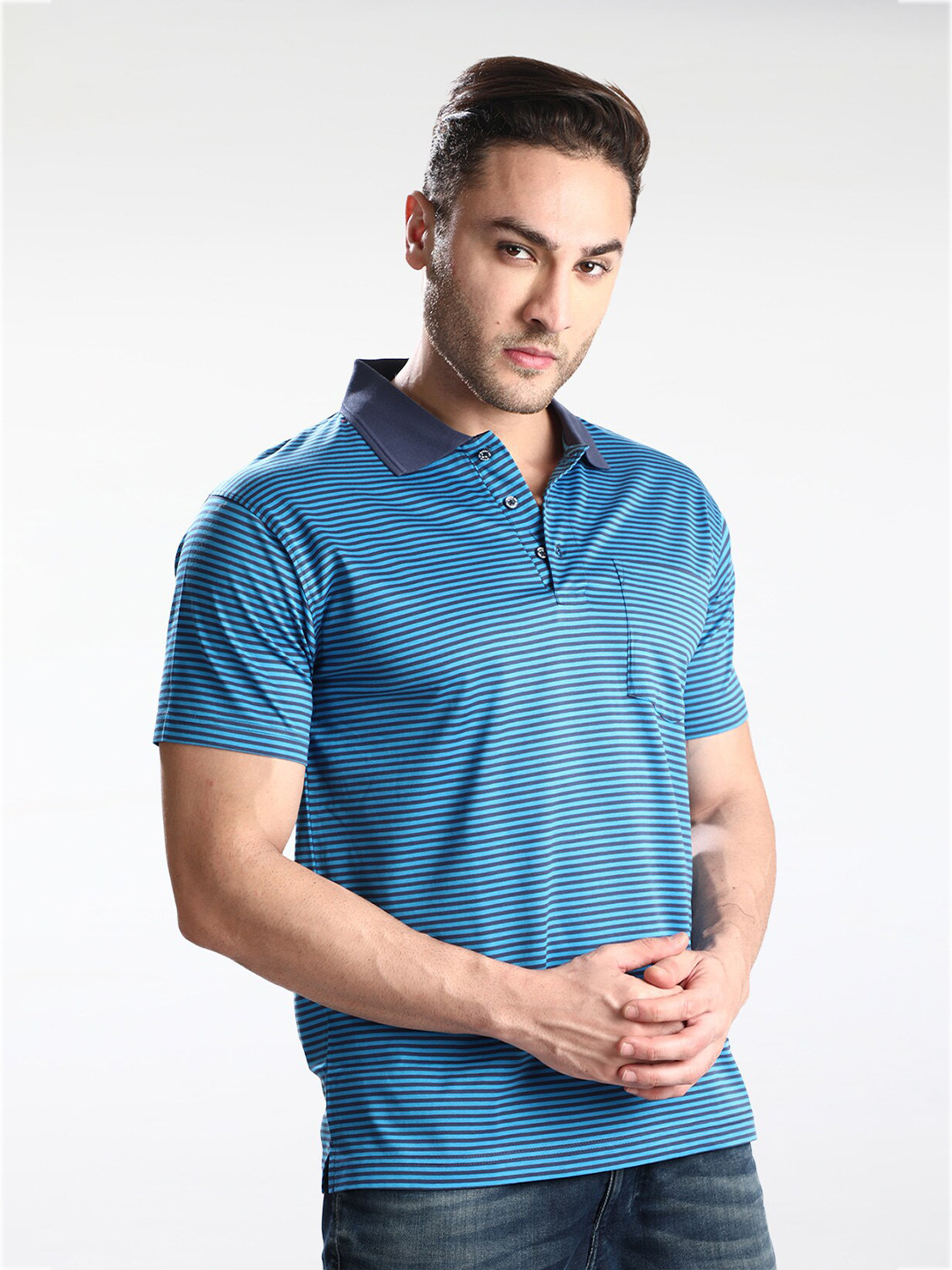 

Dream of Glory Inc Men Blue Striped Polo Collar Pure Cotton Pockets T-shirt