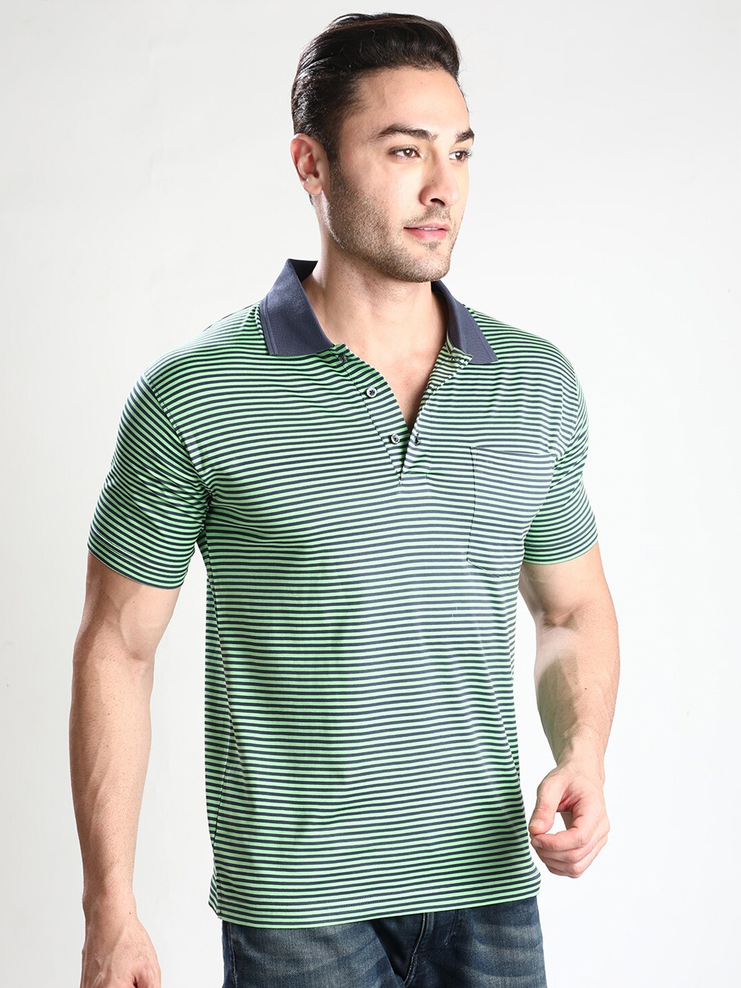 

Dream of Glory Inc Men Green & Navy Blue Striped Polo Collar Pure Cotton T-shirt
