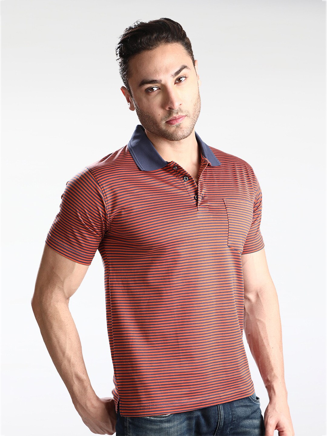 

Dream of Glory Inc Men Red & Navy Blue Striped Polo Collar Pure Cotton Pockets T-shirt