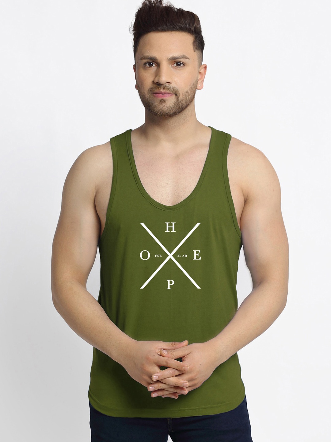 

Friskers Men Olive Green Solid Pure Cotton Basic Innerwear Vest