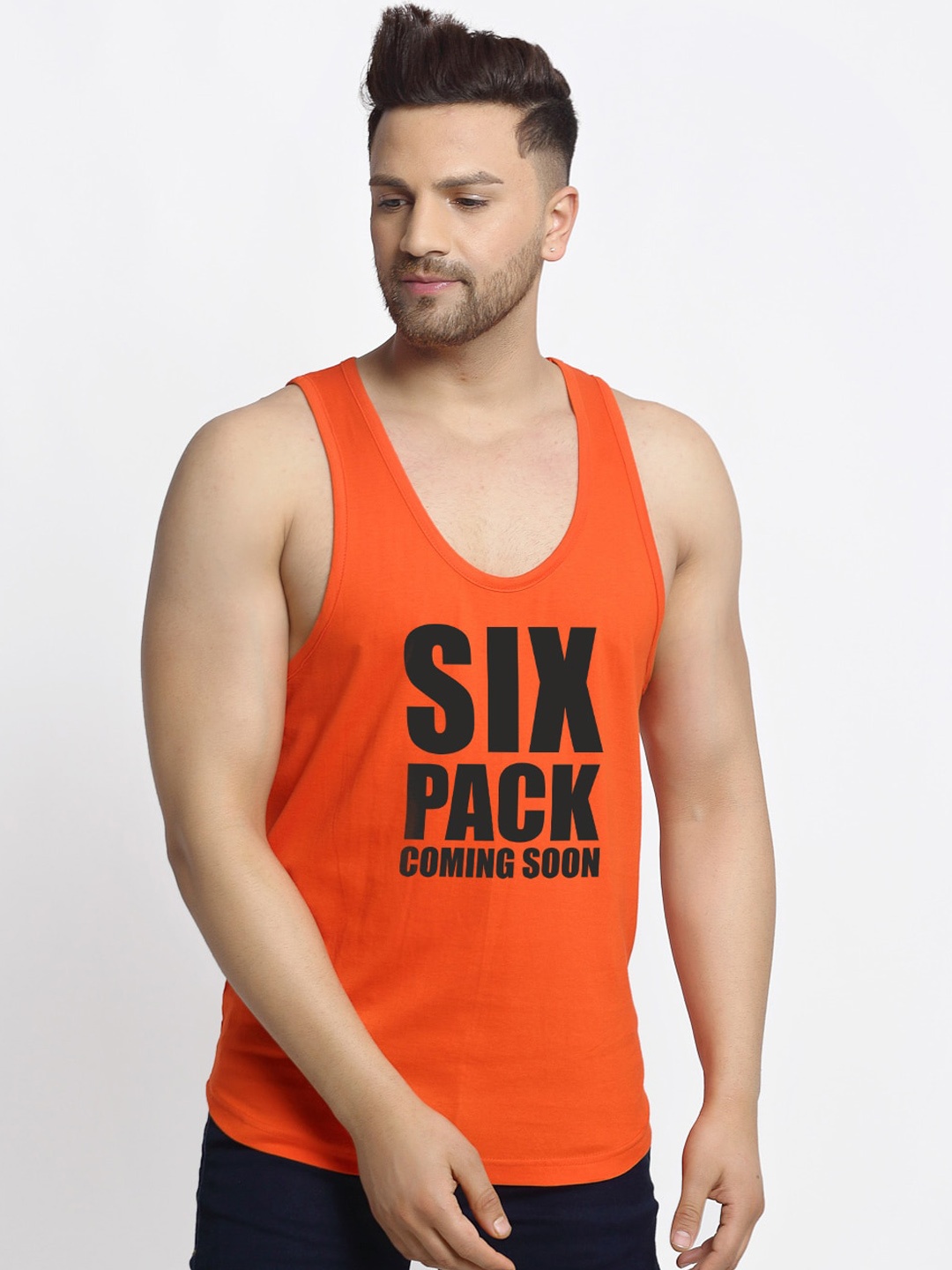 

Friskers Men Orange & Black Printed Cotton Apple Cut Gym Vest C121-08-S