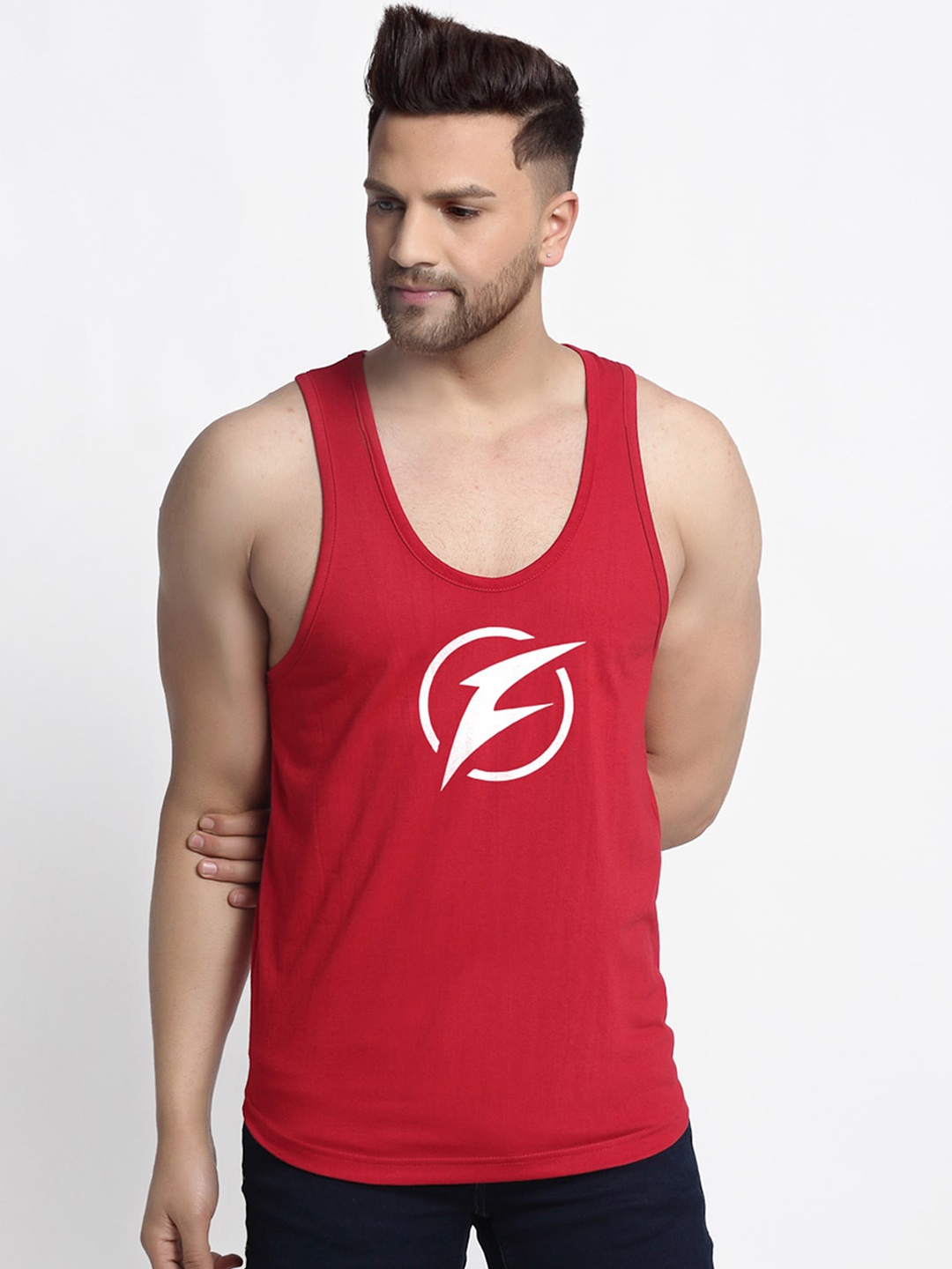 

Friskers Men Red & White Printed Cotton Apple Cut Gym Vest