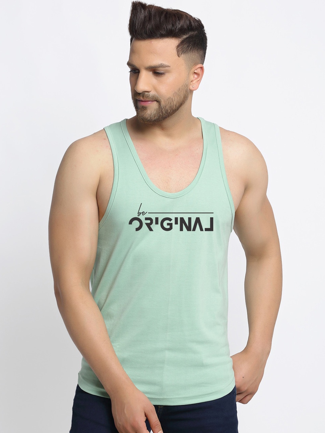 

Friskers Men Green & Black Printed Cotton Apple Cut Gym Vest