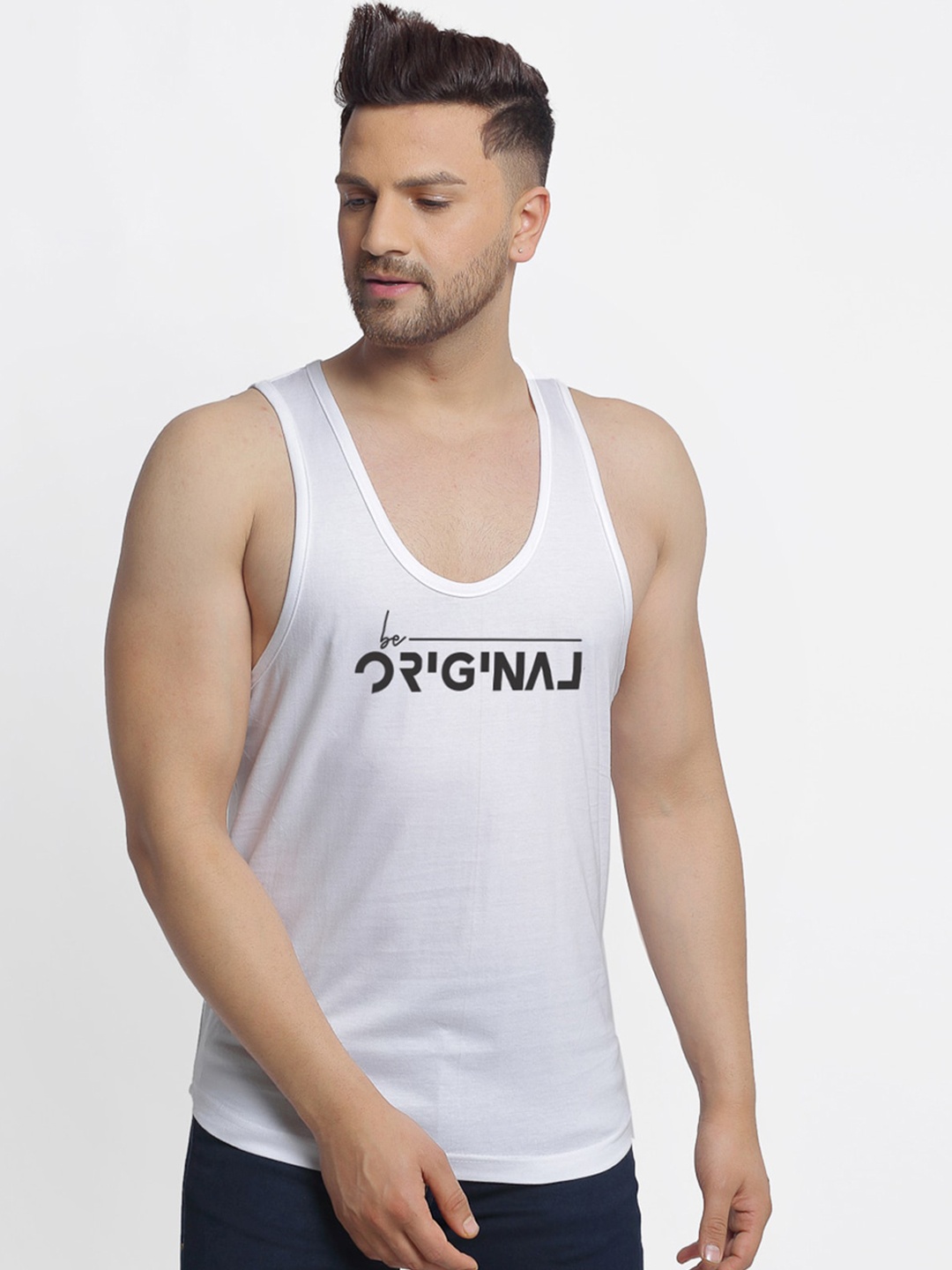 

Friskers Men White & Black Printed Cotton Apple Cut Gym Vest