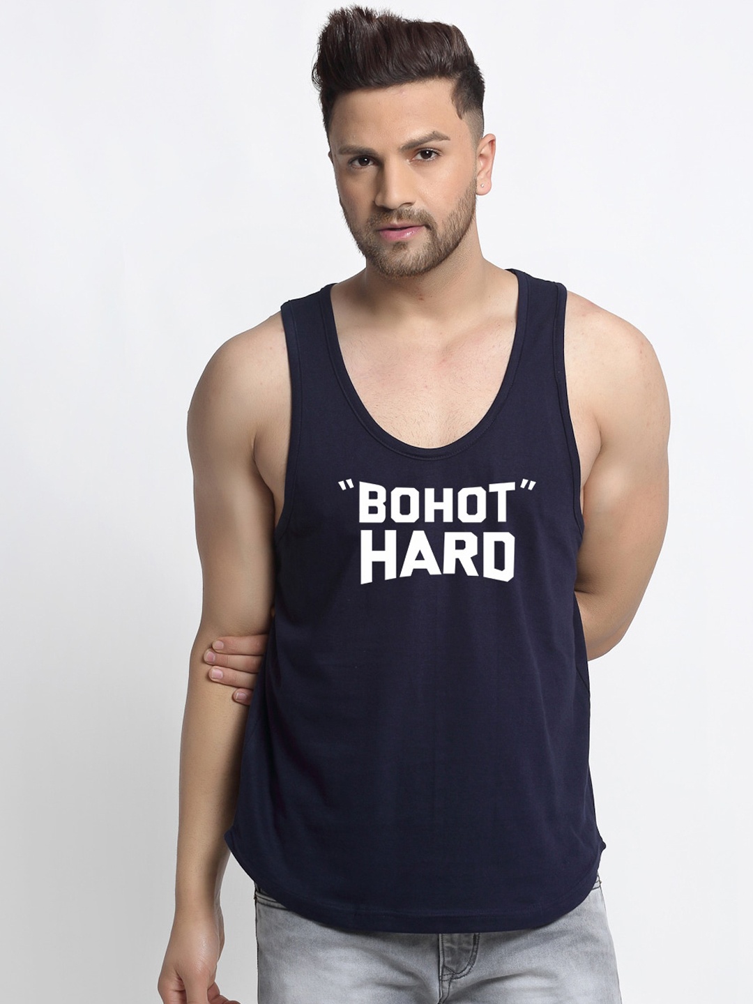 

Friskers Men Navy Blue & White Typography Printed Tank T-shirt