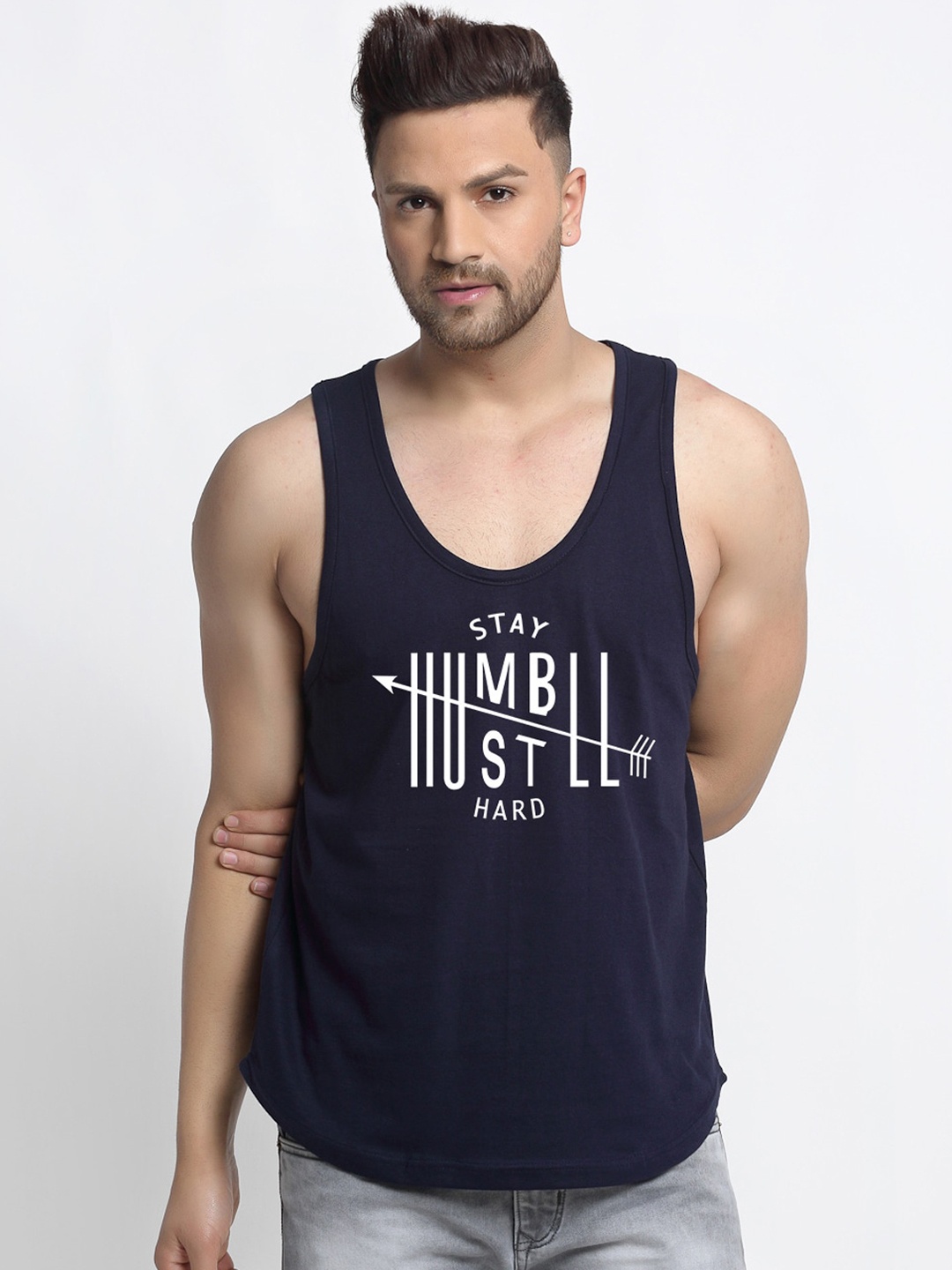 

Friskers Men Navy Blue Printed Pure Cotton Gym Vest