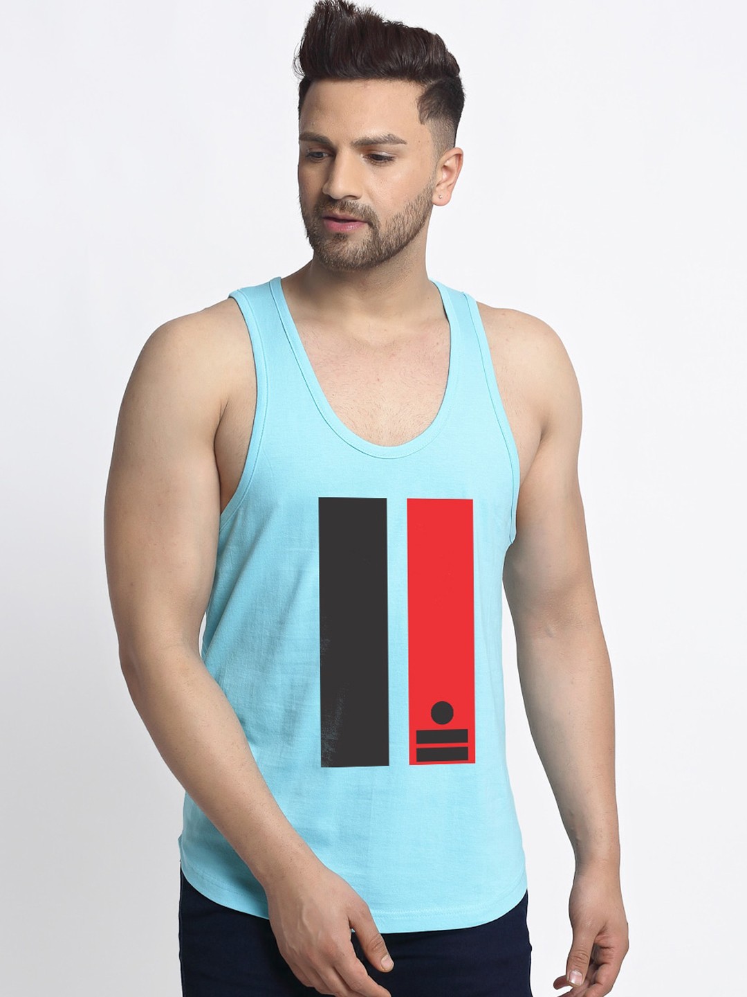 

Friskers Men Blue & Red Printed Cotton Apple Cut Gym Vest