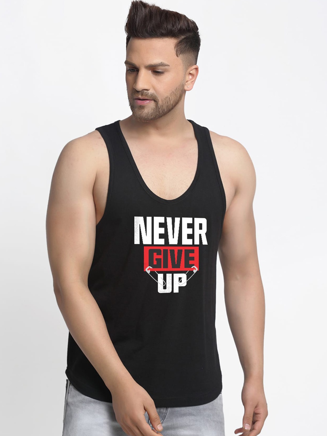 

Friskers Men Black & White Printed Cotton Apple Cut Gym Vest