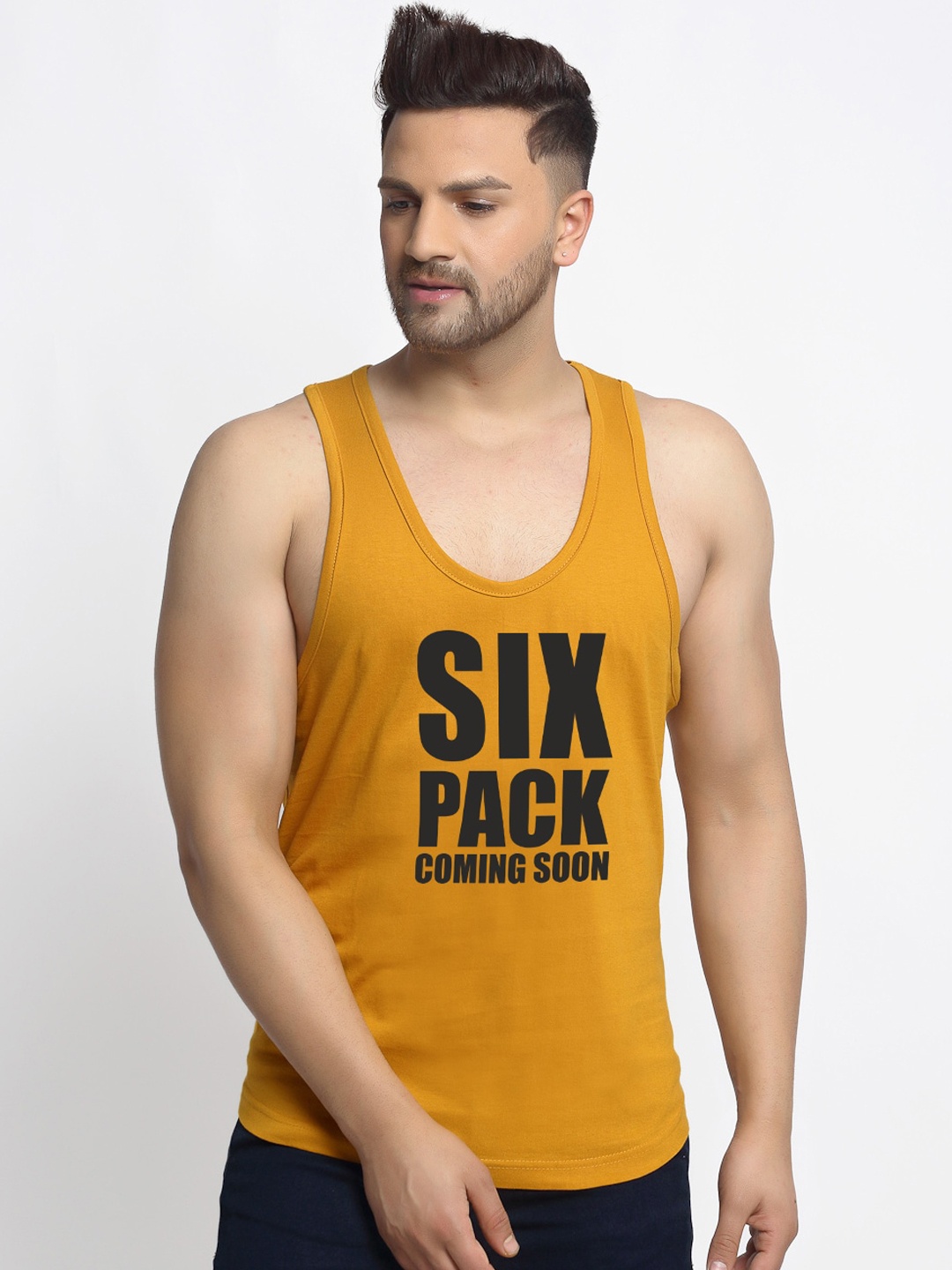 

Friskers Men Mustard And Black Printed Pure Cotton Innerwear Vest