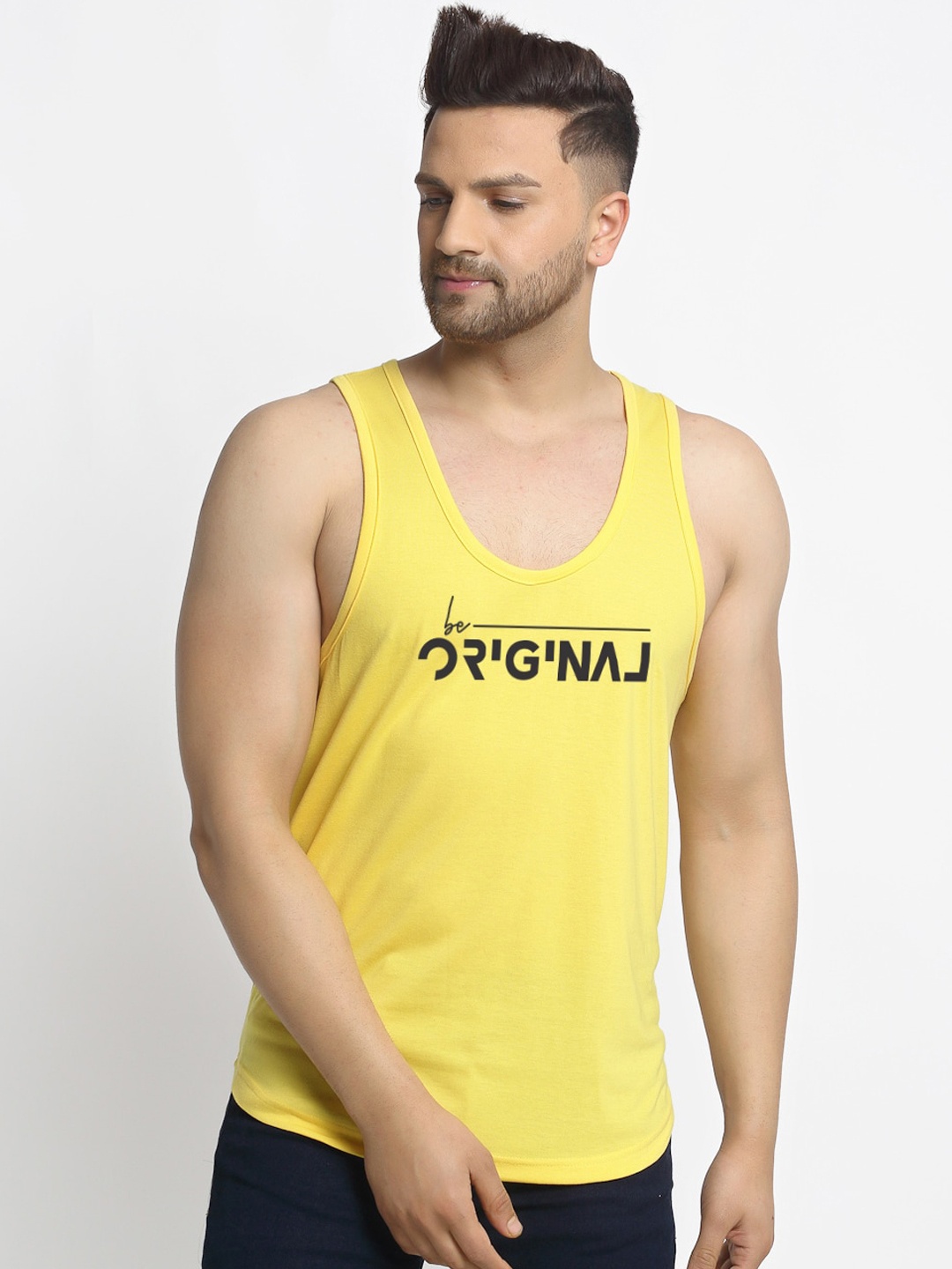 

Friskers Men Yellow & Black Printed Cotton Apple Cut Gym Vest