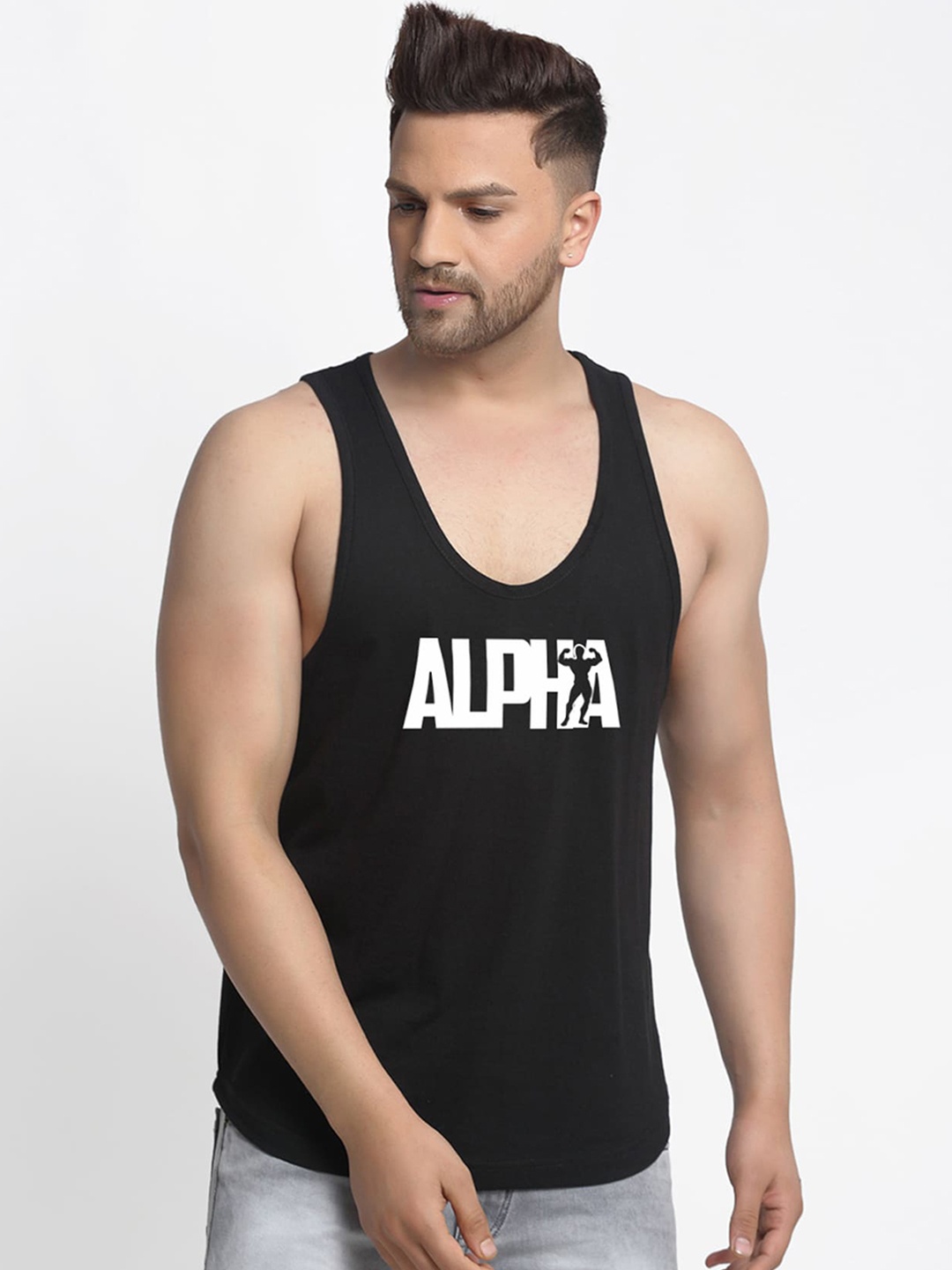 

Friskers Men Black Typography Printed Pure Cotton Gym Vest