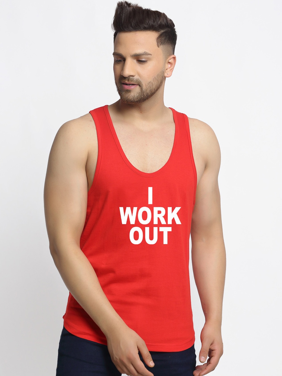 

Friskers Men Red & White Printed Cotton Apple Cut Gym Vest C179-03-S