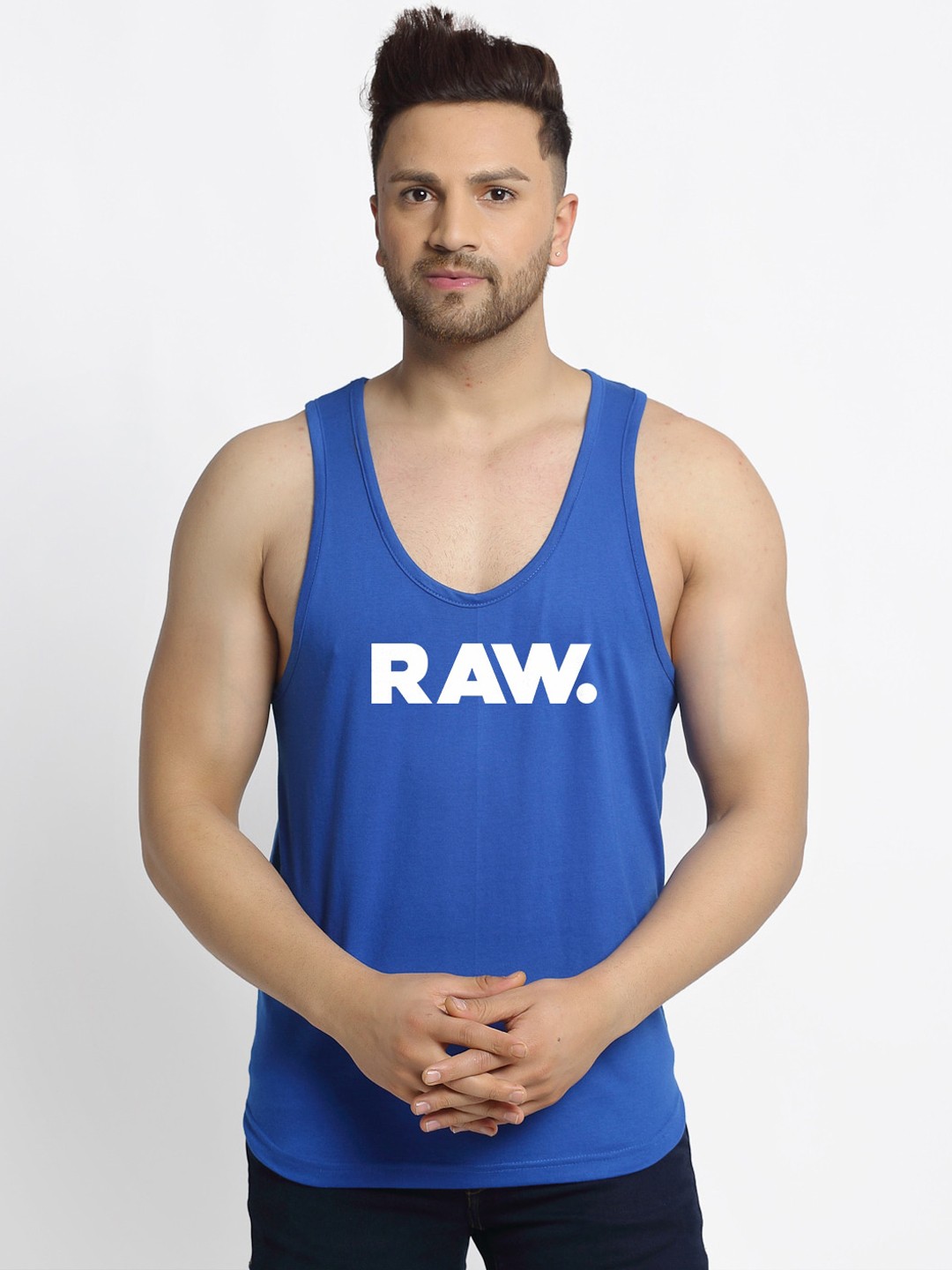 

Friskers Men Blue & White Printed Cotton Apple Cut Gym Vest