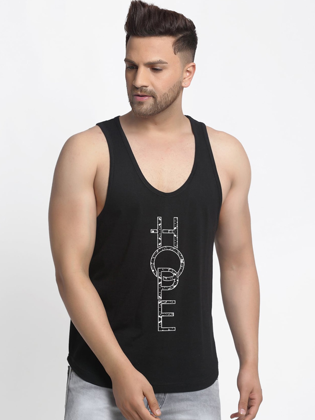 

Friskers Men Black & White Printed Cotton Apple Cut Gym Vest