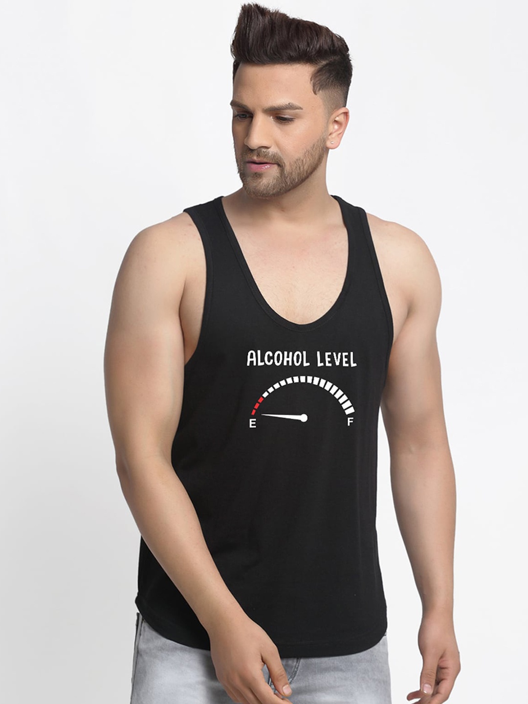 

Friskers Men Black & White Alcohol Level Printed Pure Cotton Gym Vest