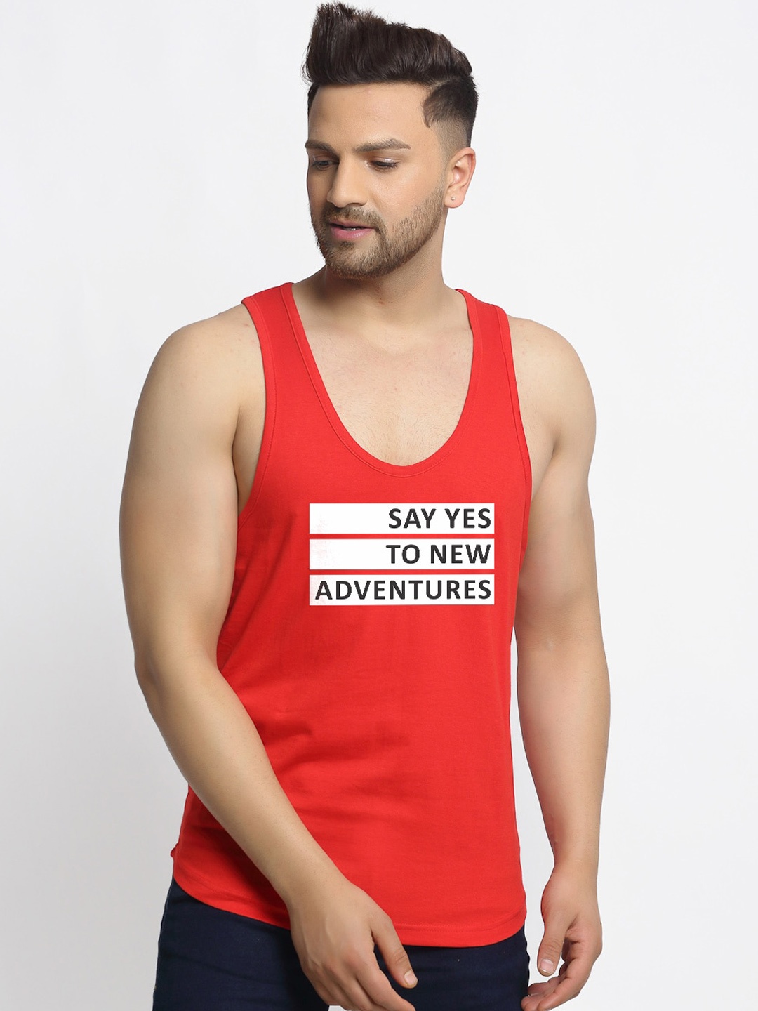 

Friskers Men Red & White Printed Cotton Apple Cut Gym Vest