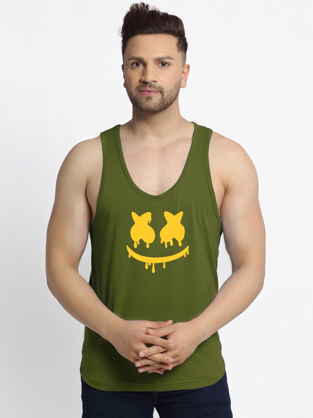 

Friskers Men Olive Green Smiley Printed Pure Cotton Gym Vest