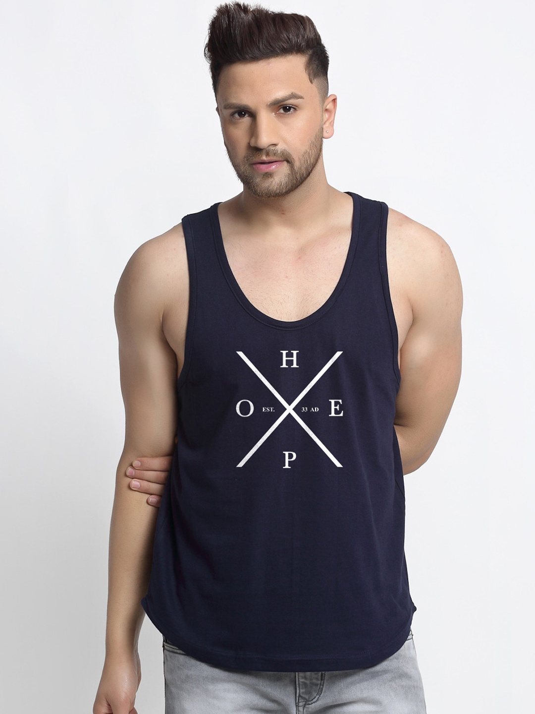 

Friskers Men Navy Blue & White Printed Cotton Apple Cut Gym Vest
