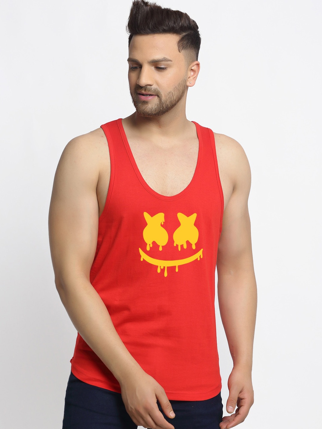 

Friskers Men Red & Yellow Printed Pure Cotton Gym Vest