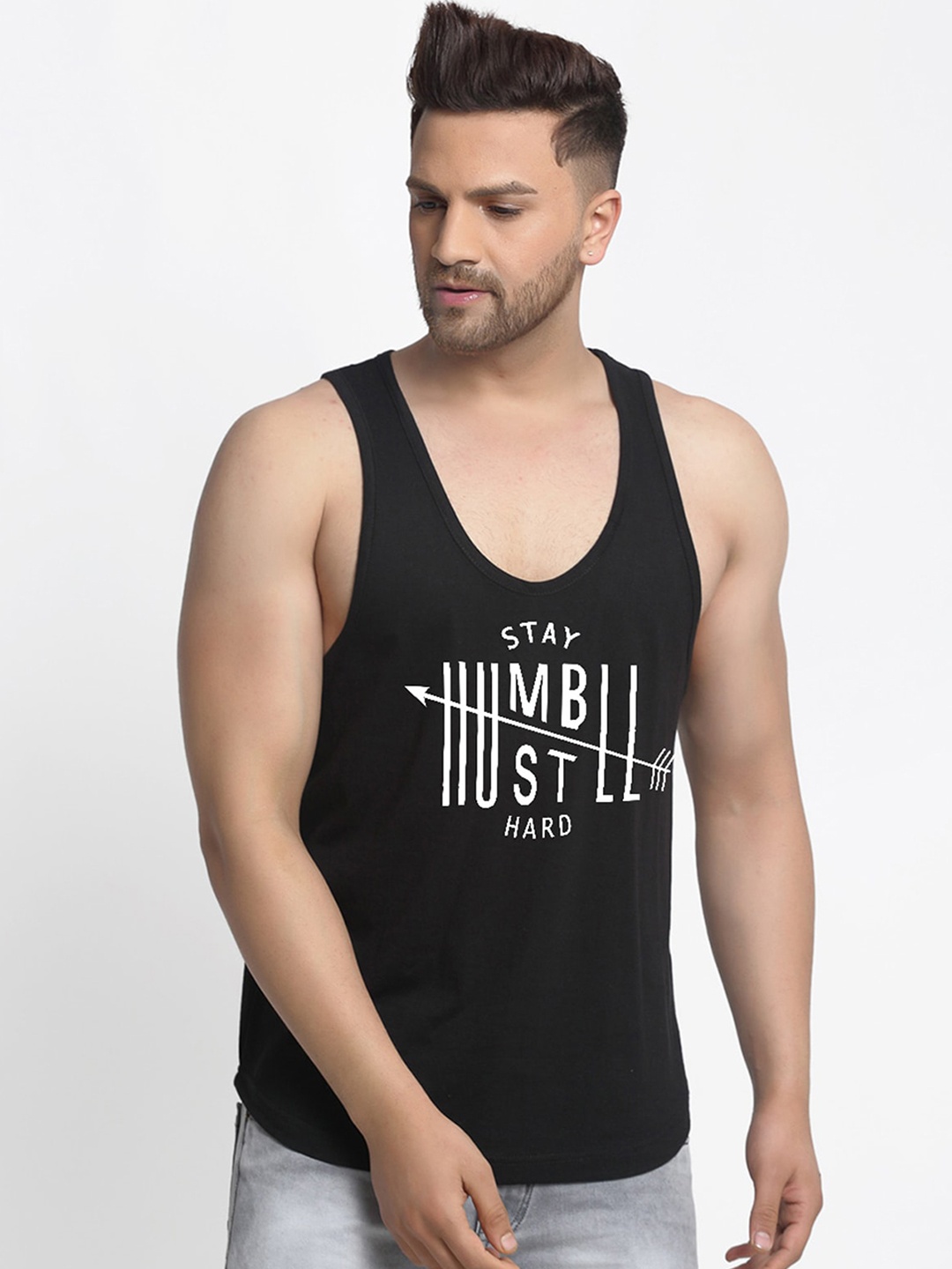 

Friskers Men Black & White Printed Cotton Apple Cut Gym Vest C104-01-S
