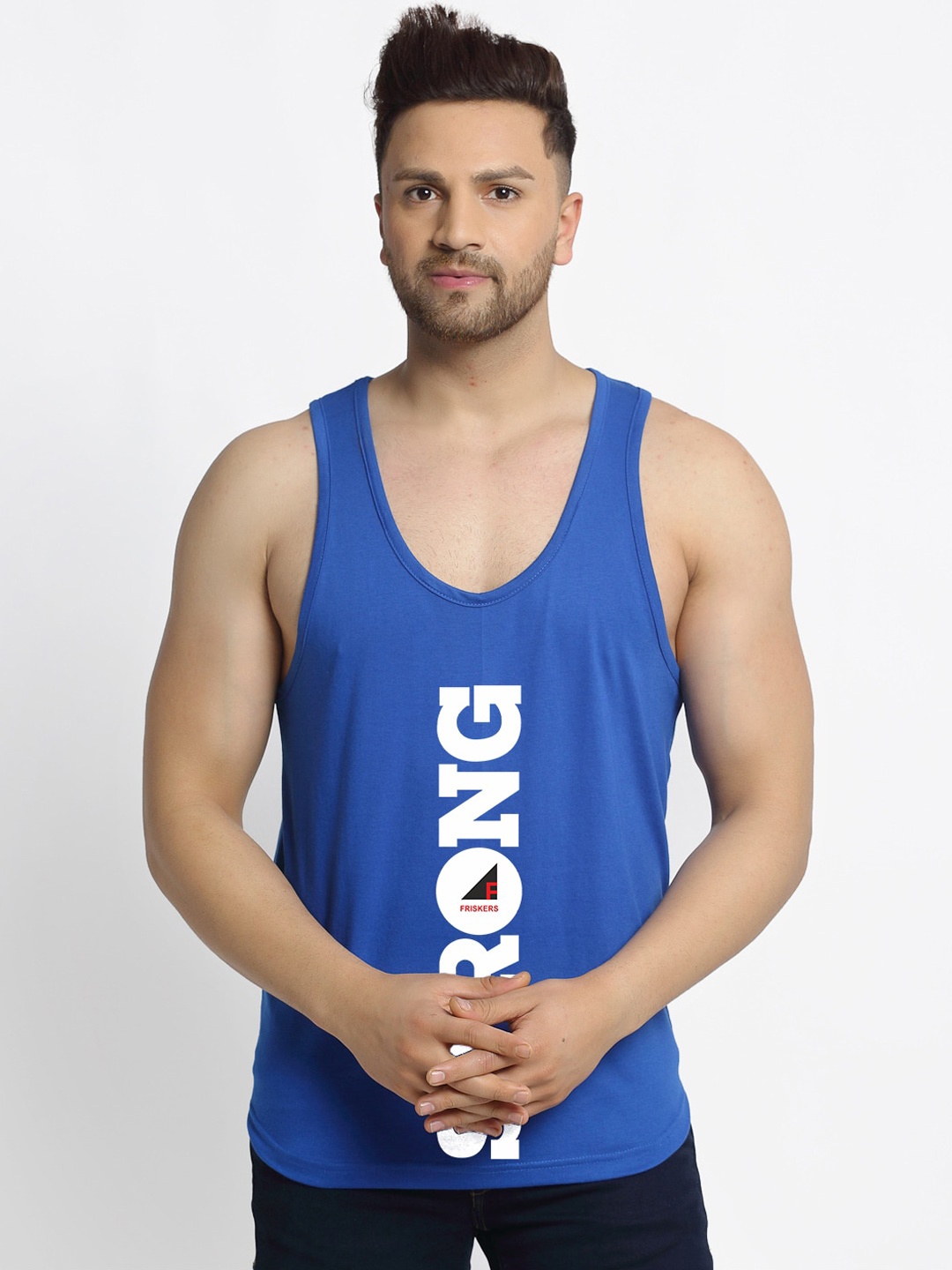 

Friskers Men Blue & White Printed Cotton T-Shirt