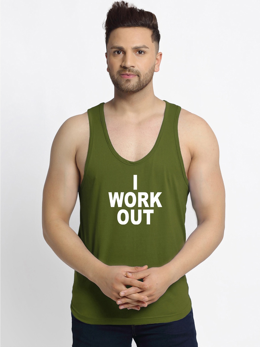 

Friskers Men Olive And White Printed Pure Cotton Innerwear Vest