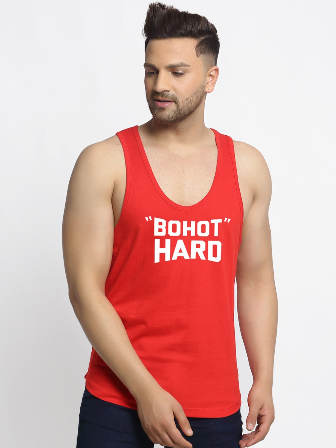 

Friskers Men Red & White Typography Printed Pure Cotton Tank T-shirt