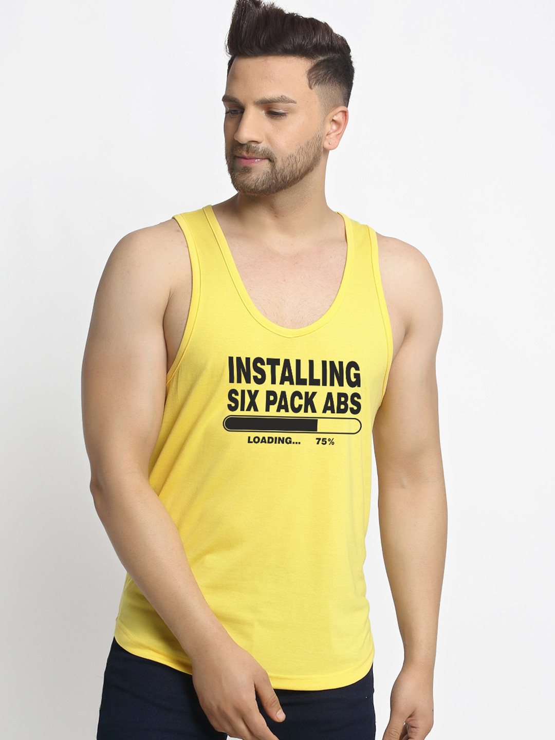 

Friskers Men Yellow & Black Printed Pure Cotton Gym Vest