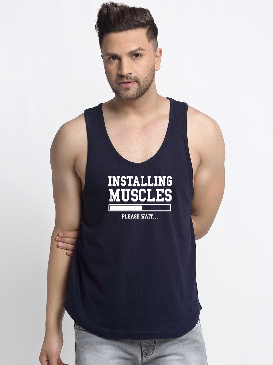 

Friskers Men Navy Blue Printed Pure Cotton Gym Vest