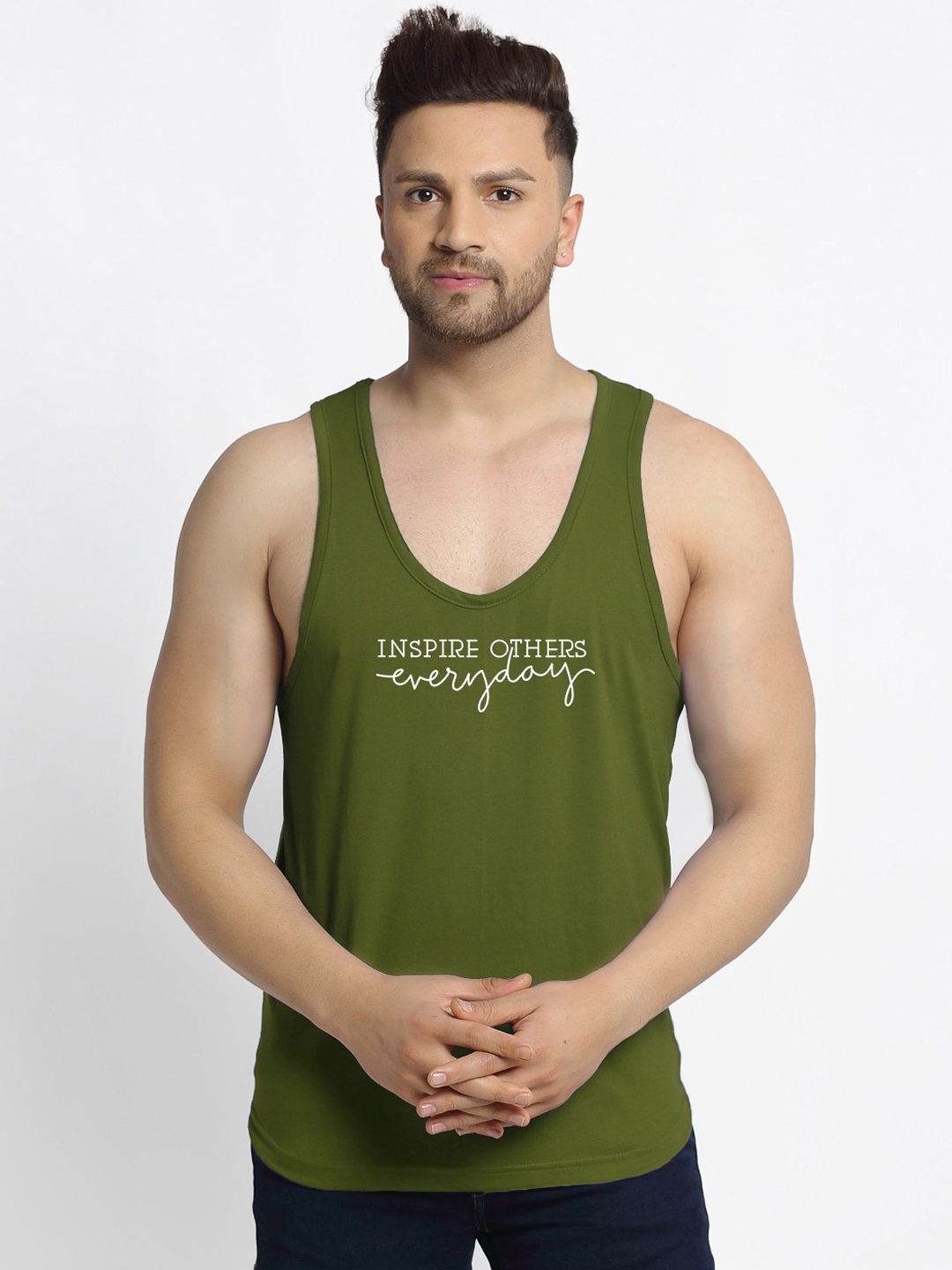 

Friskers Men Olive Green Typography Printed Pure Cotton Tank T-shirt