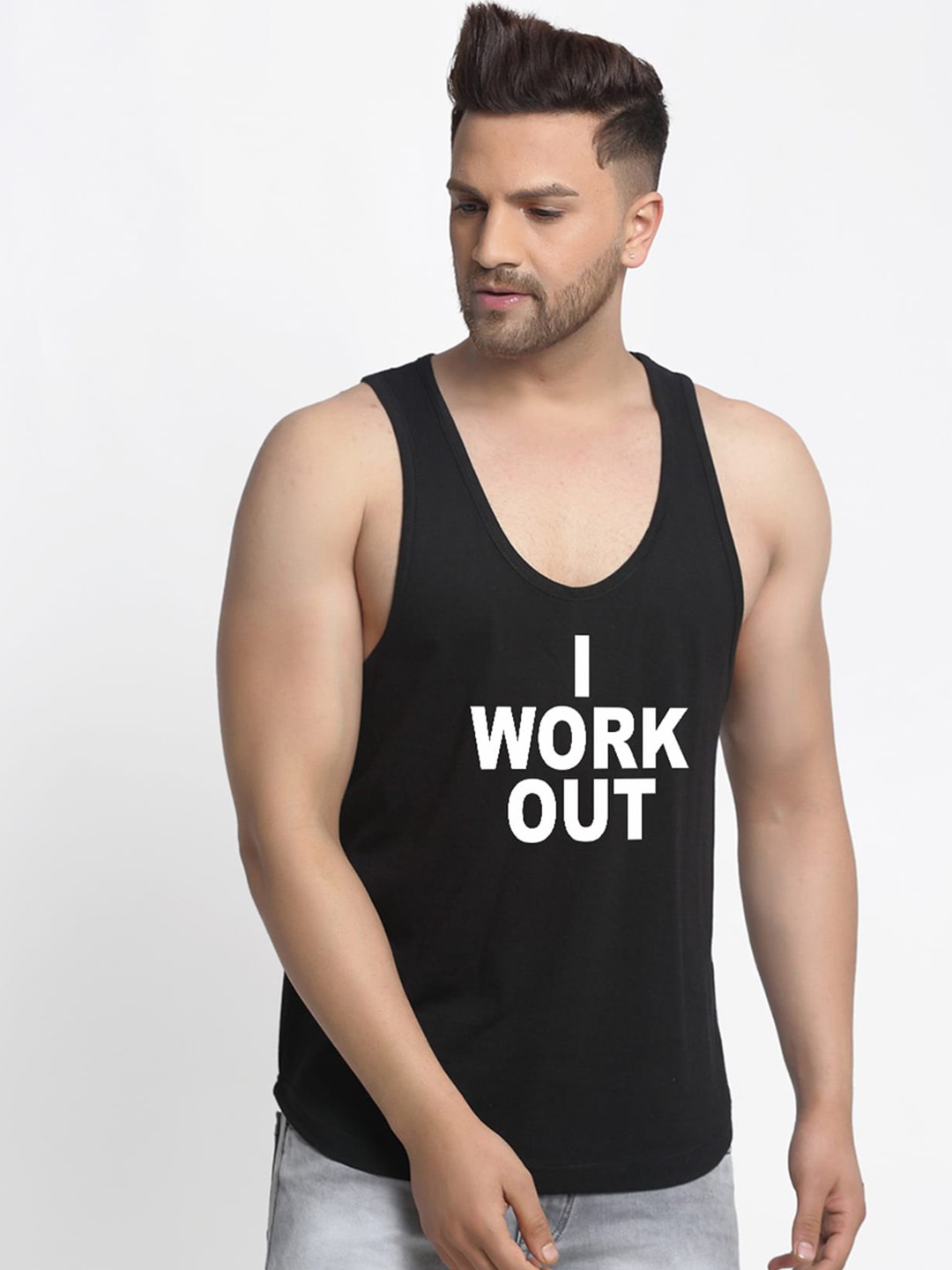 

Friskers Men Black & White Printed Pure Cotton Gym Vest C179-01-S