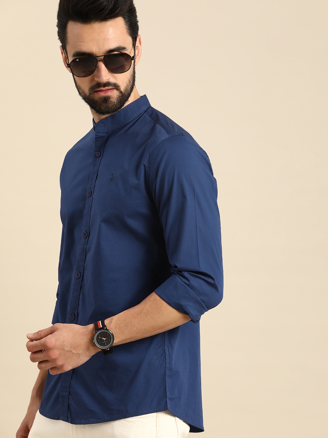 

Being Human Men Royal Blue Solid Mandarin-Collar Super Slim Fit Casual Shirt