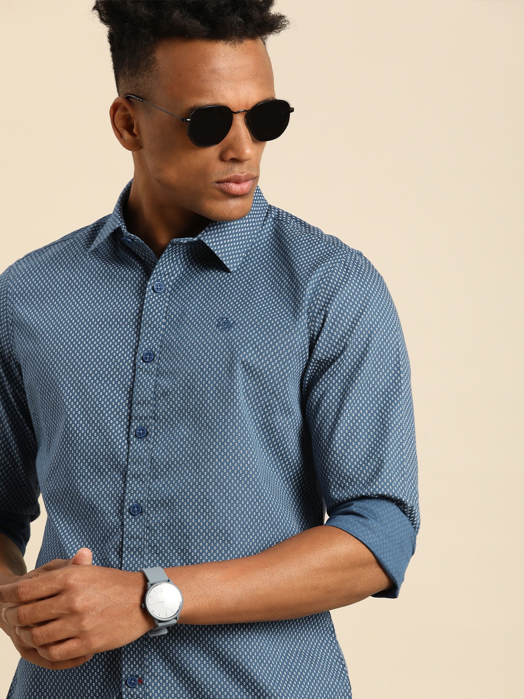 

Being Human Men Blue Slim Fit Micro Ditsy Printed Pure Cotton Casual Shirt