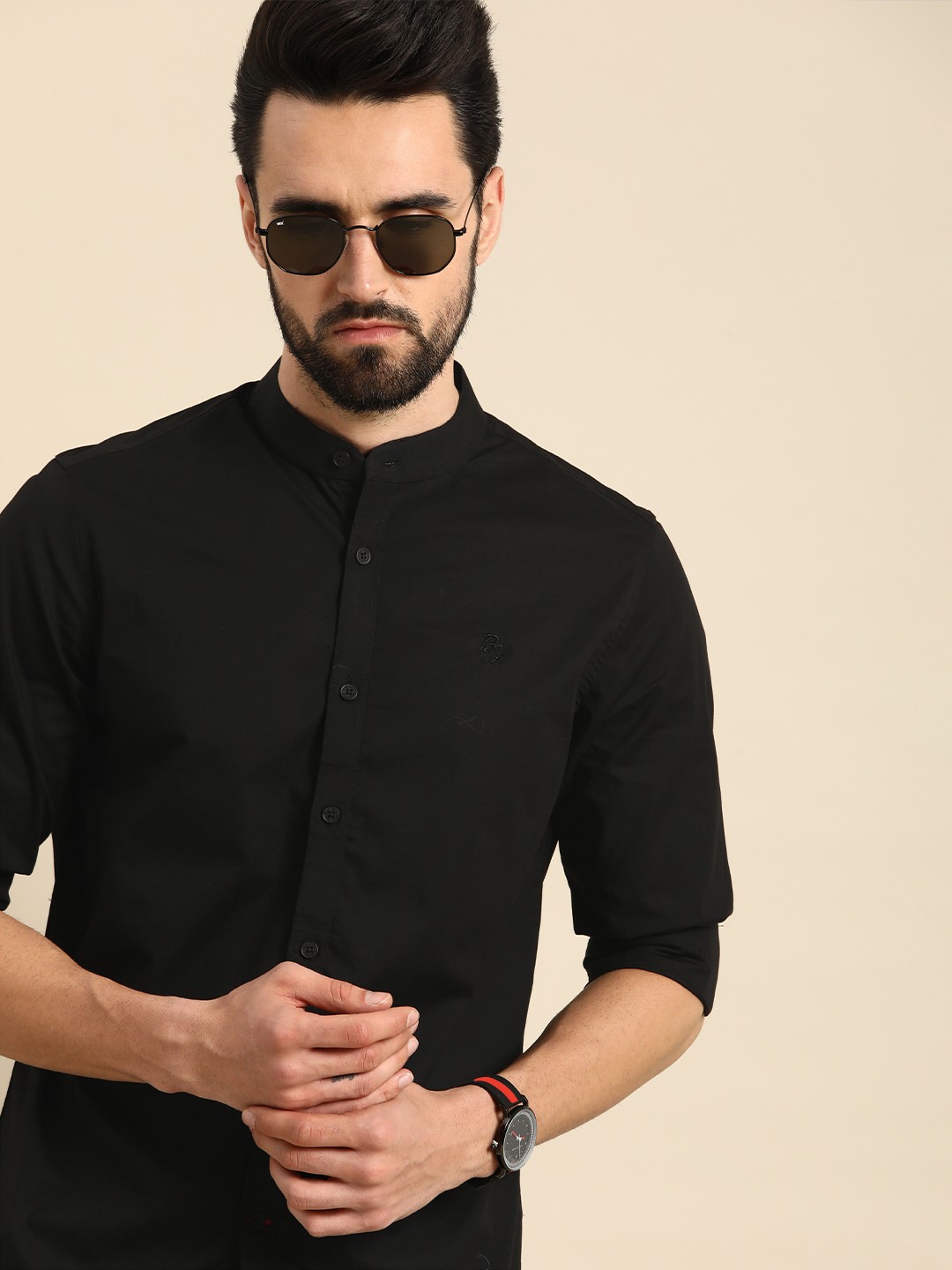 

Being Human Men Black Solid Mandarin-Collar Super Slim Fit Casual Shirt