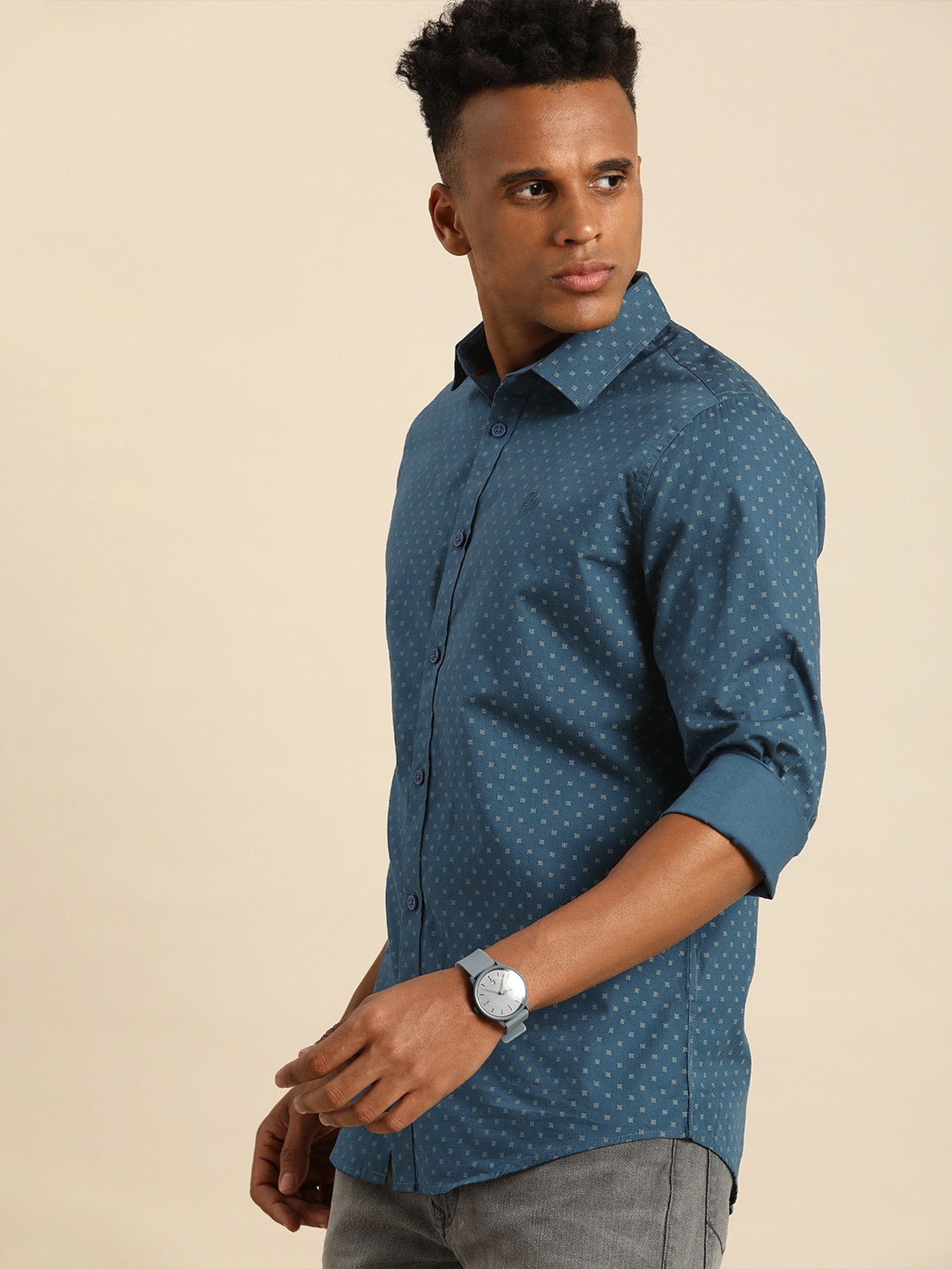 

Being Human Men Teal Blue Slim Fit Geometric Printed Pure Cotton Casual Shirt