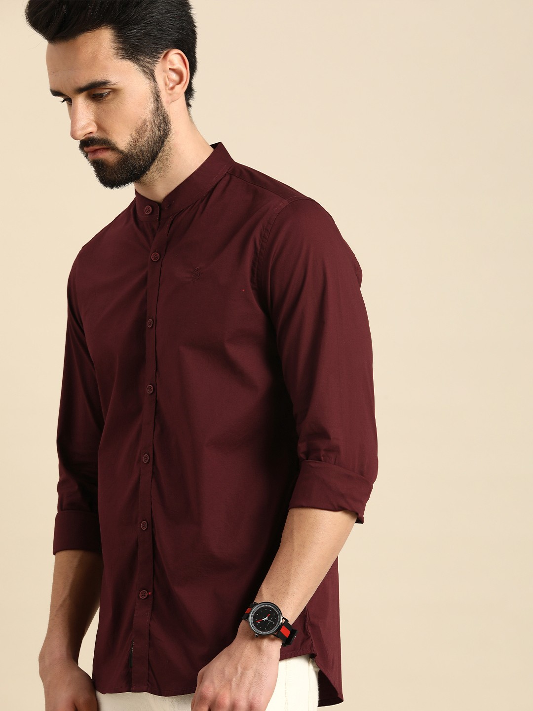 

Being Human Men Wine-Coloured Solid Mandarin-Collar Super Slim Fit Casual Shirt, Maroon