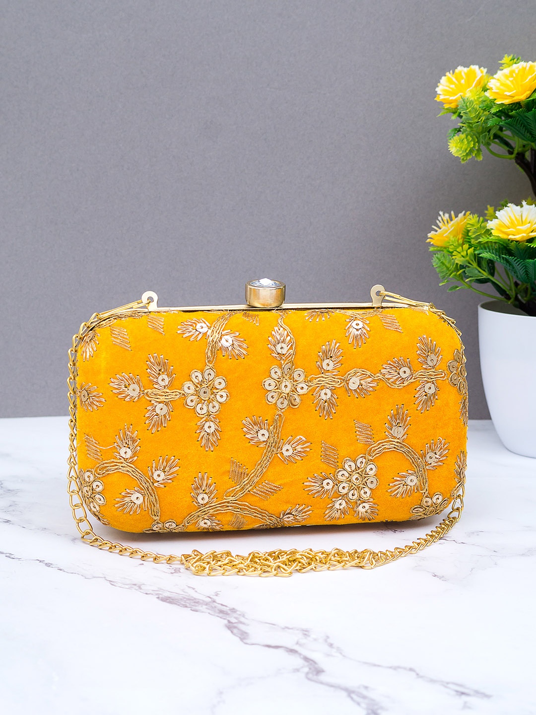 

Golden Peacock Yellow & Gold-Toned Embroidered Embellished Box Clutch