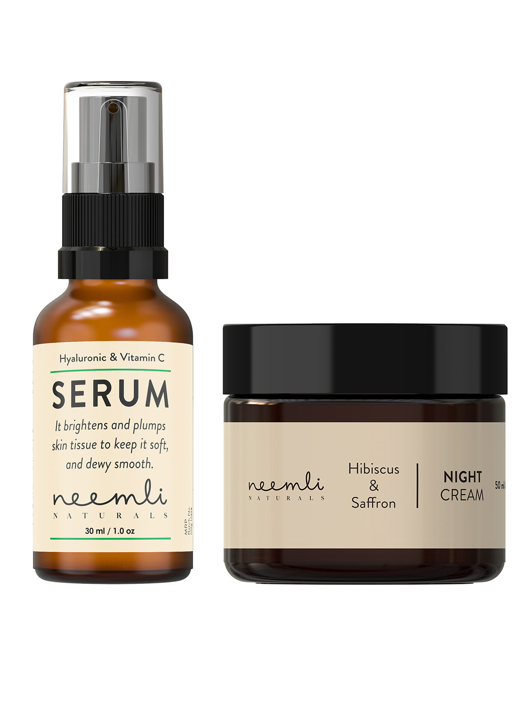 

Neemli Naturals Hyaluronic & Vitamin C Serum 30ml with Hibiscus & Saffron Night Cream 50ml