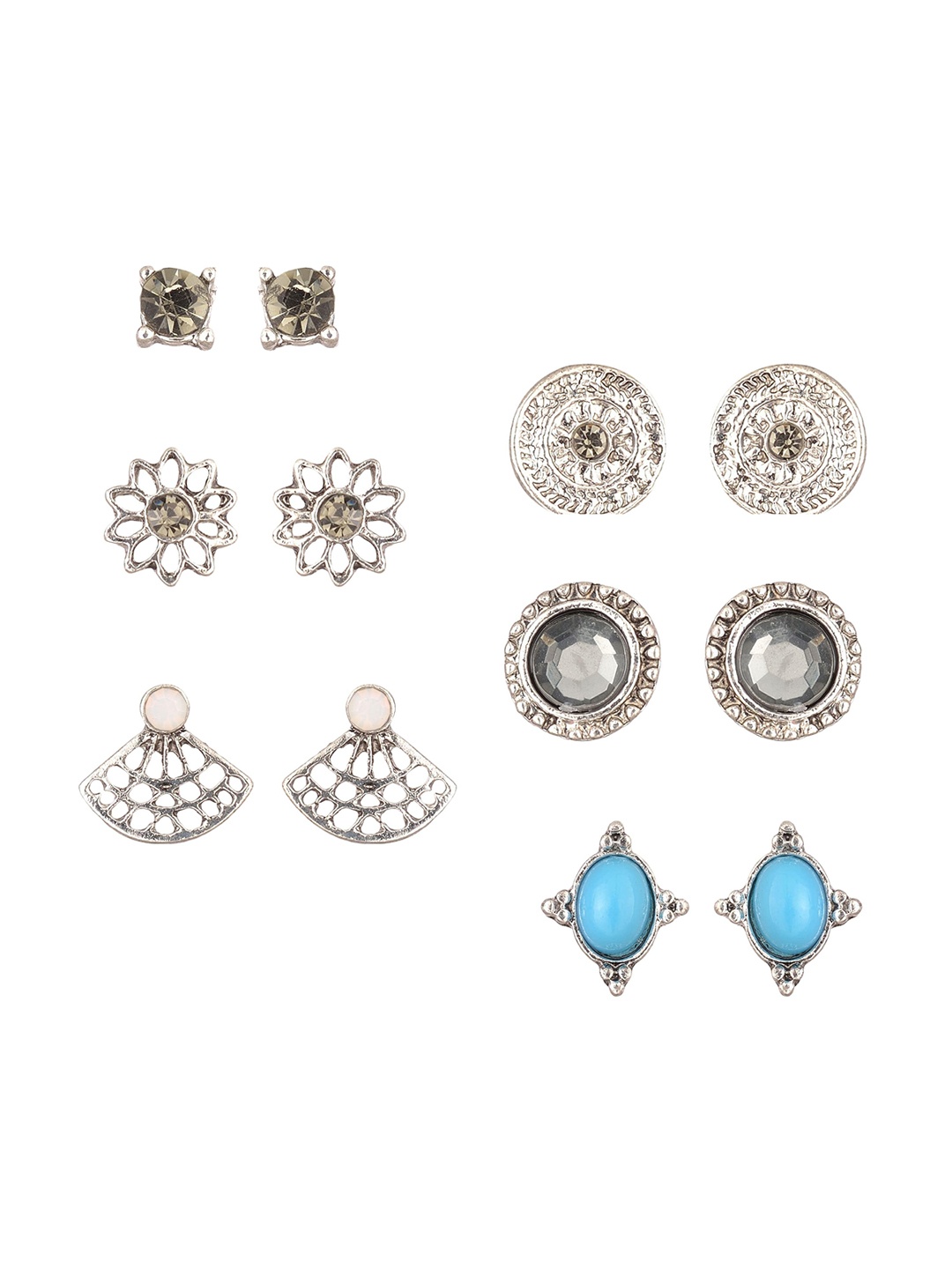 

Arendelle Set of 6 Silver-Toned & Blue Contemporary Studs Earrings