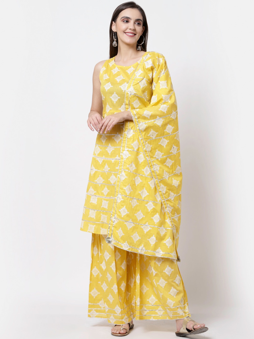 

Myshka Women Yellow Ethnic Motifs Printed Pure Cotton Kurta with Palazzos & Dupatta