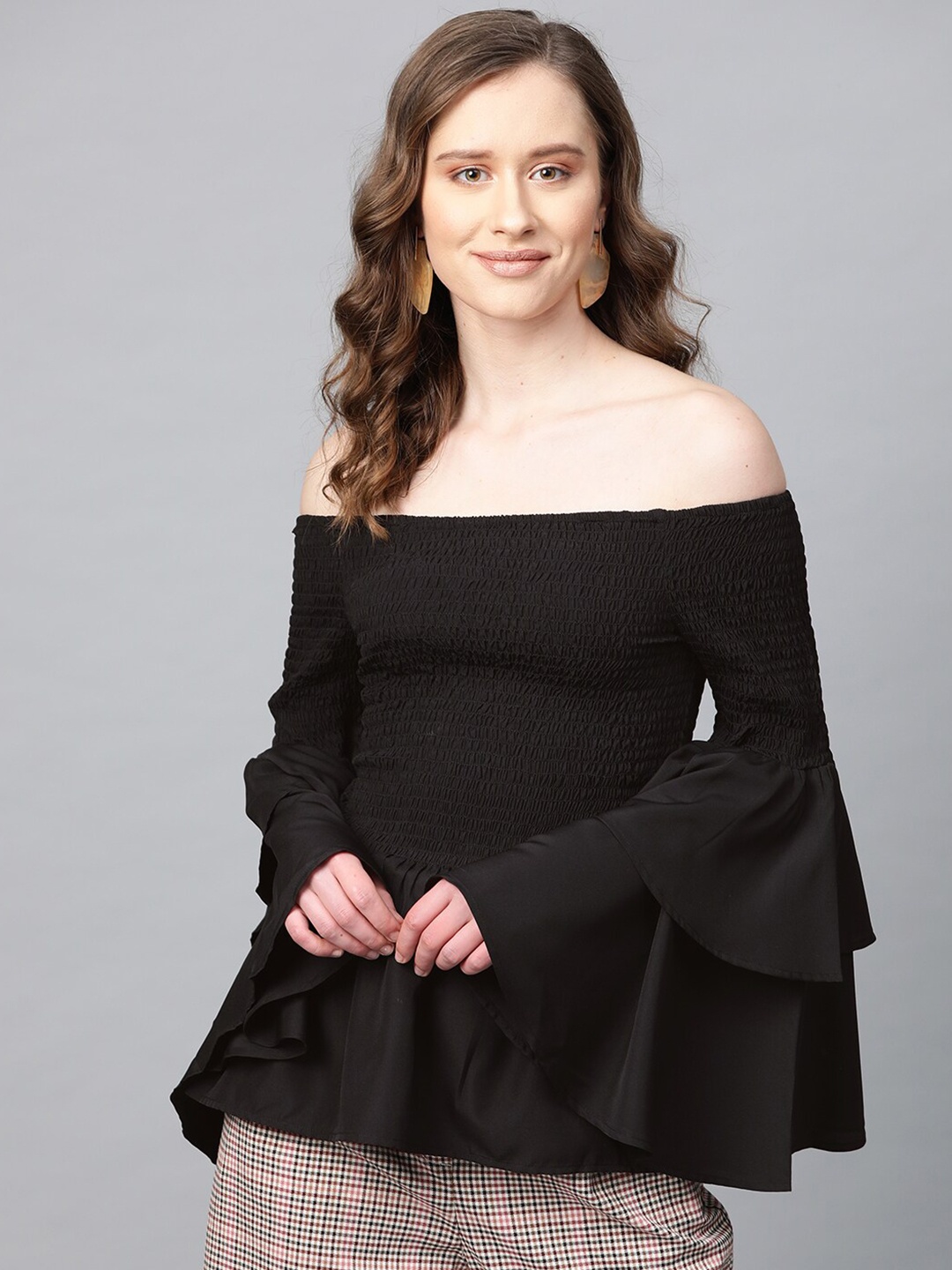 

Molly & Michel Black Off-Shoulder Crepe Bardot Top