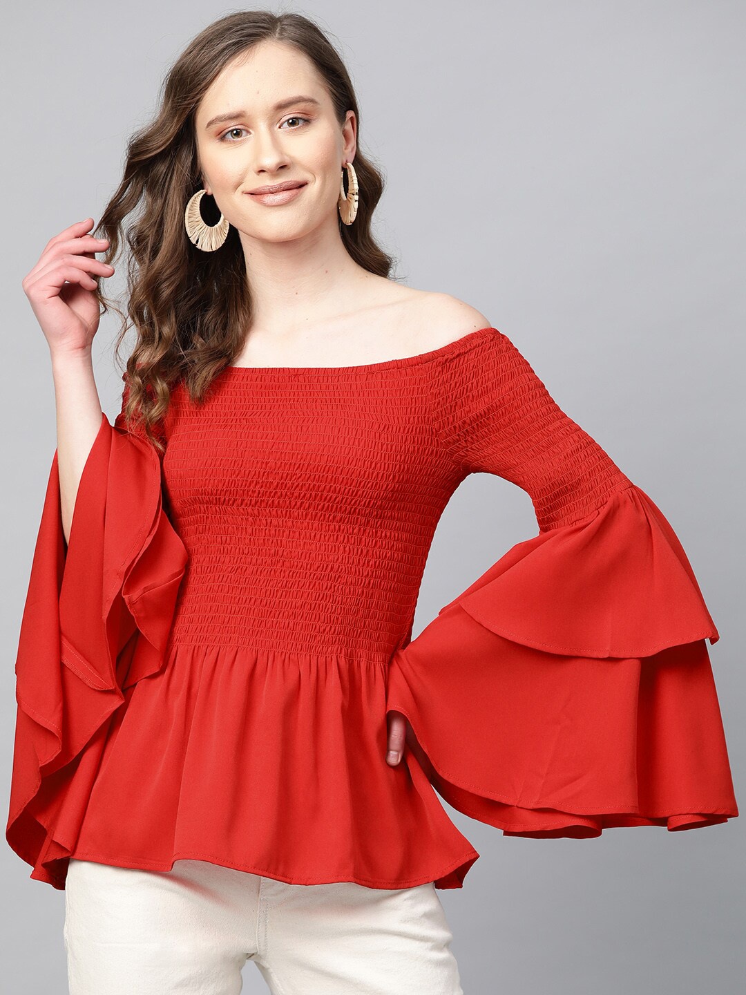

Molly & Michel Red Smocked Off-Shoulder Bell-Sleeves Bardot Top