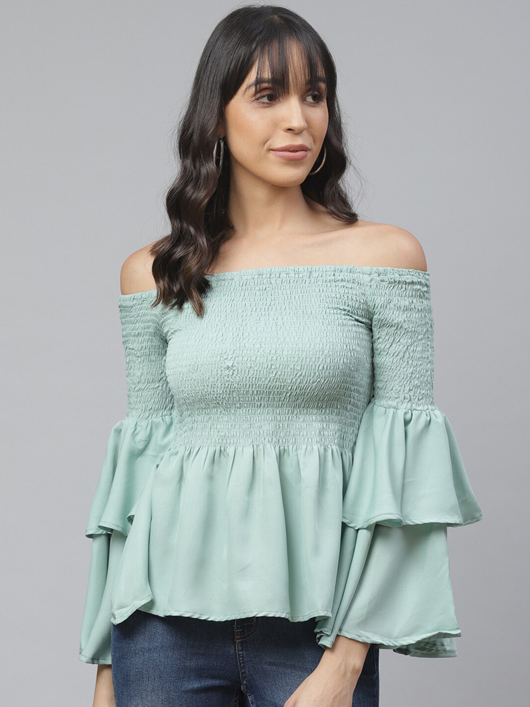 

Molly & Michel Green Off-Shoulder Smocked Crepe Bardot Top