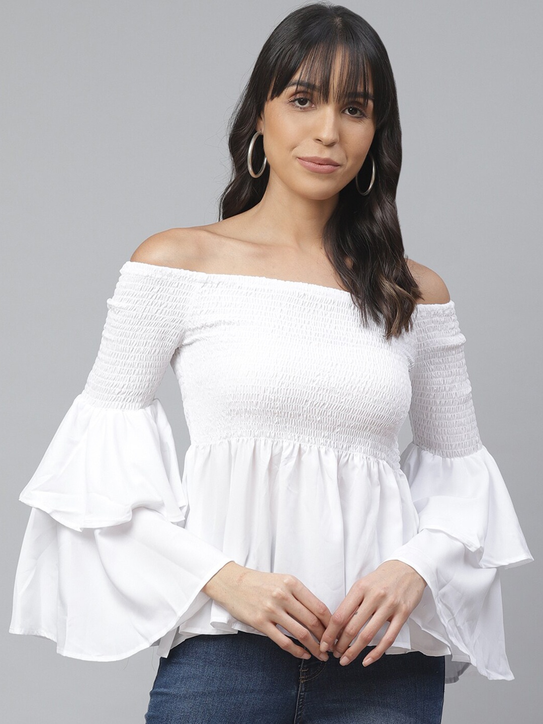 

Molly & Michel White Smocked Off-Shoulder Bell-Sleeves Bardot Top