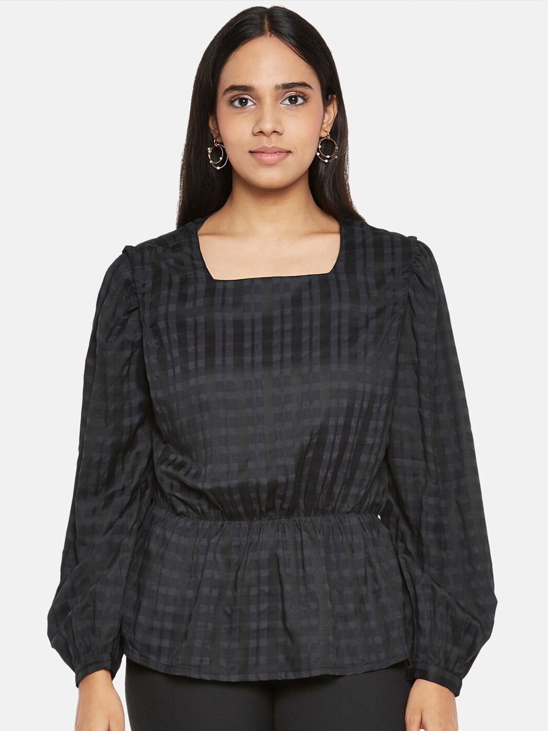 

Annabelle by Pantaloons Black Checked Cinched Waist Top