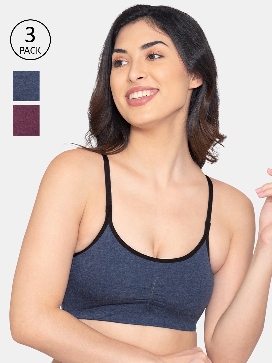 

Kalyani Pack Of 3 Blue & Burgundy Cotton Beginners Bra