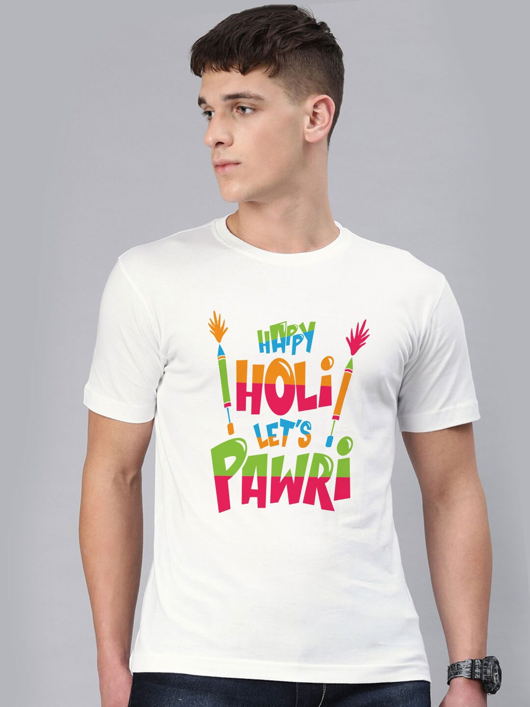 

BE AWARA Men White Let's Pawri Typography Printed T-shirt