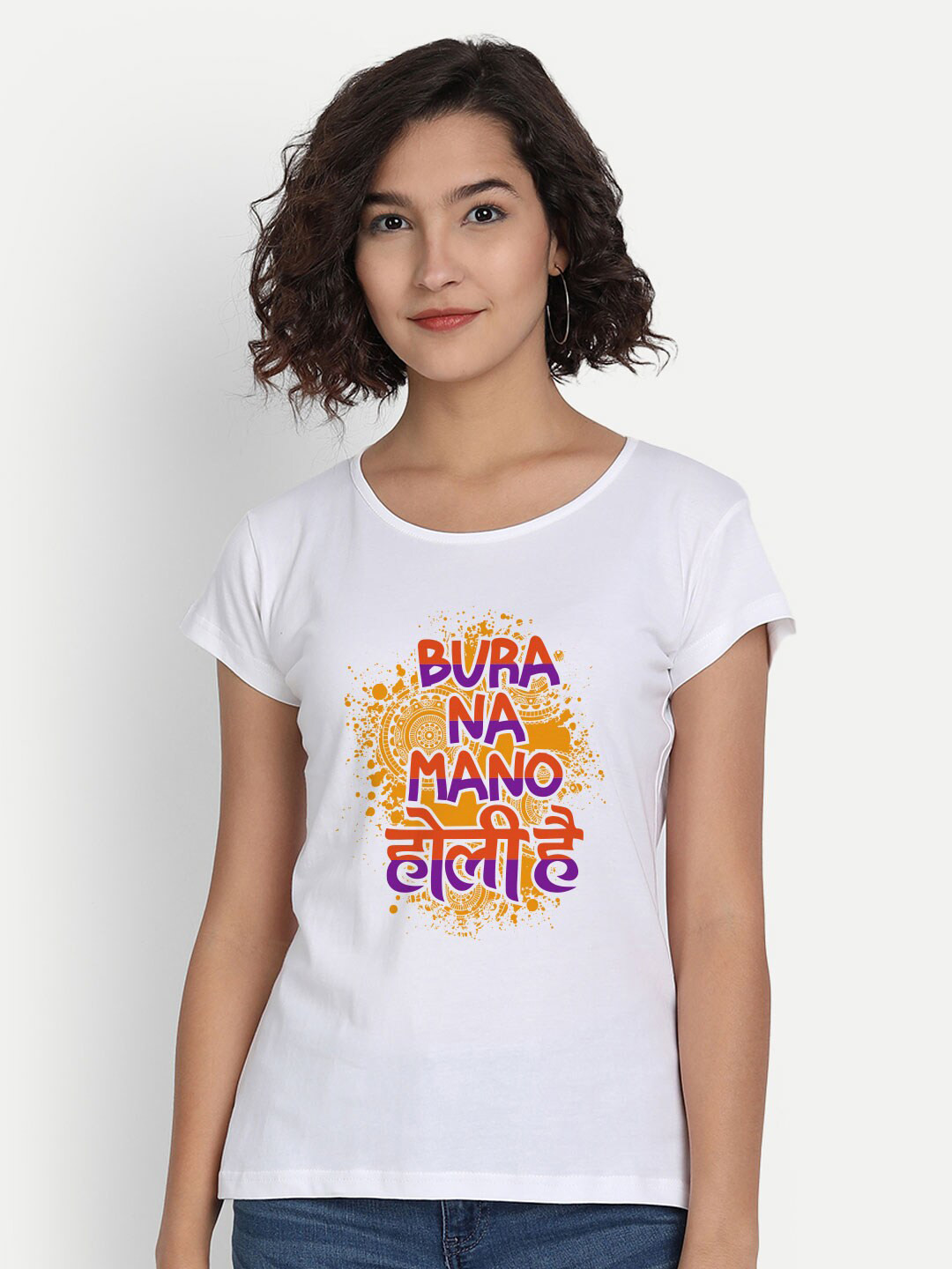 

BE AWARA Women White & Orange Cotton Printed T-shirt