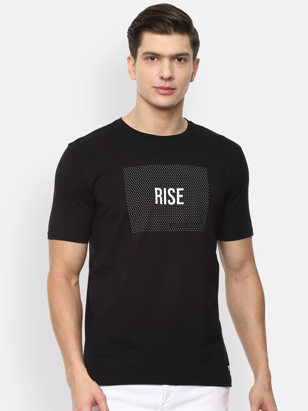 

Louis Philippe ATHPLAY Men Black & White Typography Printed Pure Cotton Slim Fit T-shirt